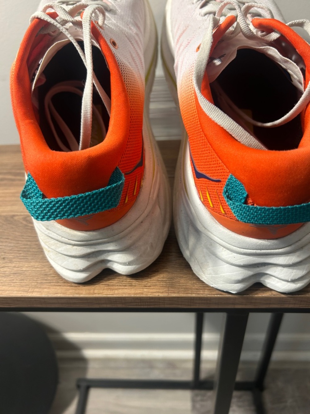 Hoka White Shoes with Orange Lining and Blue Logo - Picture 5 of 8